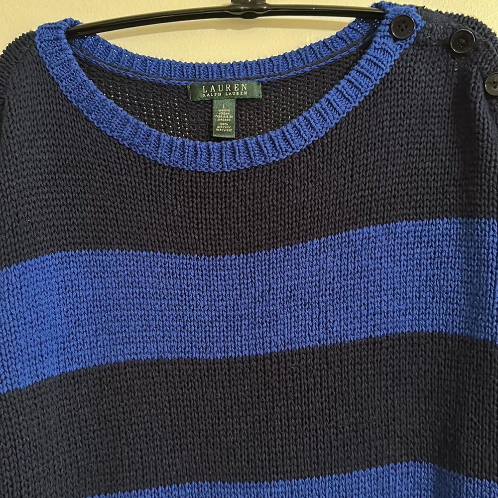 Lauren Ralph Lauren Navy and Royal Blue Stripe Crew Neck Sweater, Size L - Picture 3 of 5